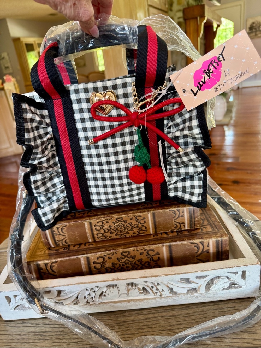 Betsey Johnson Black & White Gingham Mini Tote with Red Cherry Accent